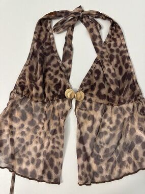 Brown Leopard Print Halter Cami with Gold Shell Accent